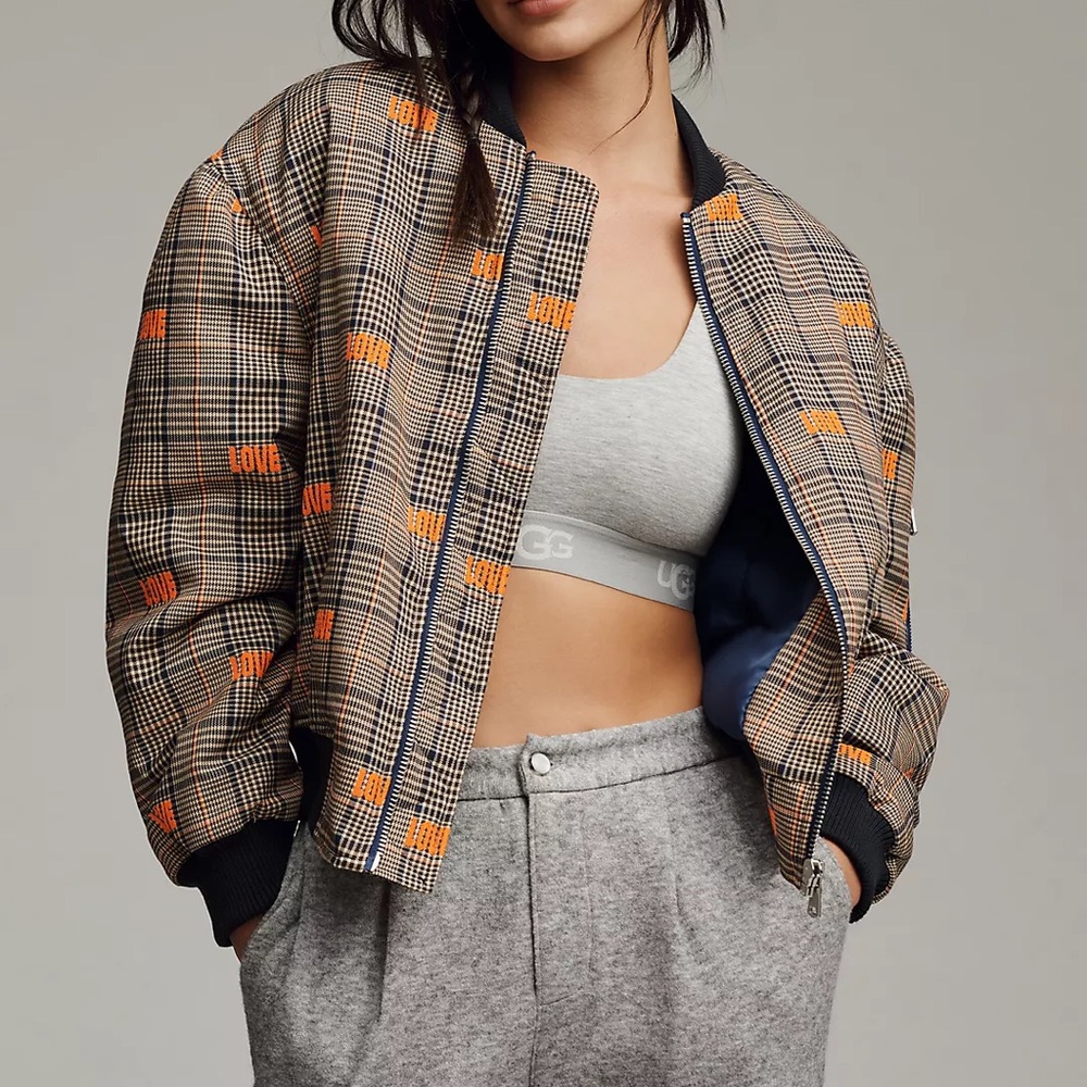 NWOT Avec Les Filles Checkered Bomber Jacket with Orange LOVE Highlights